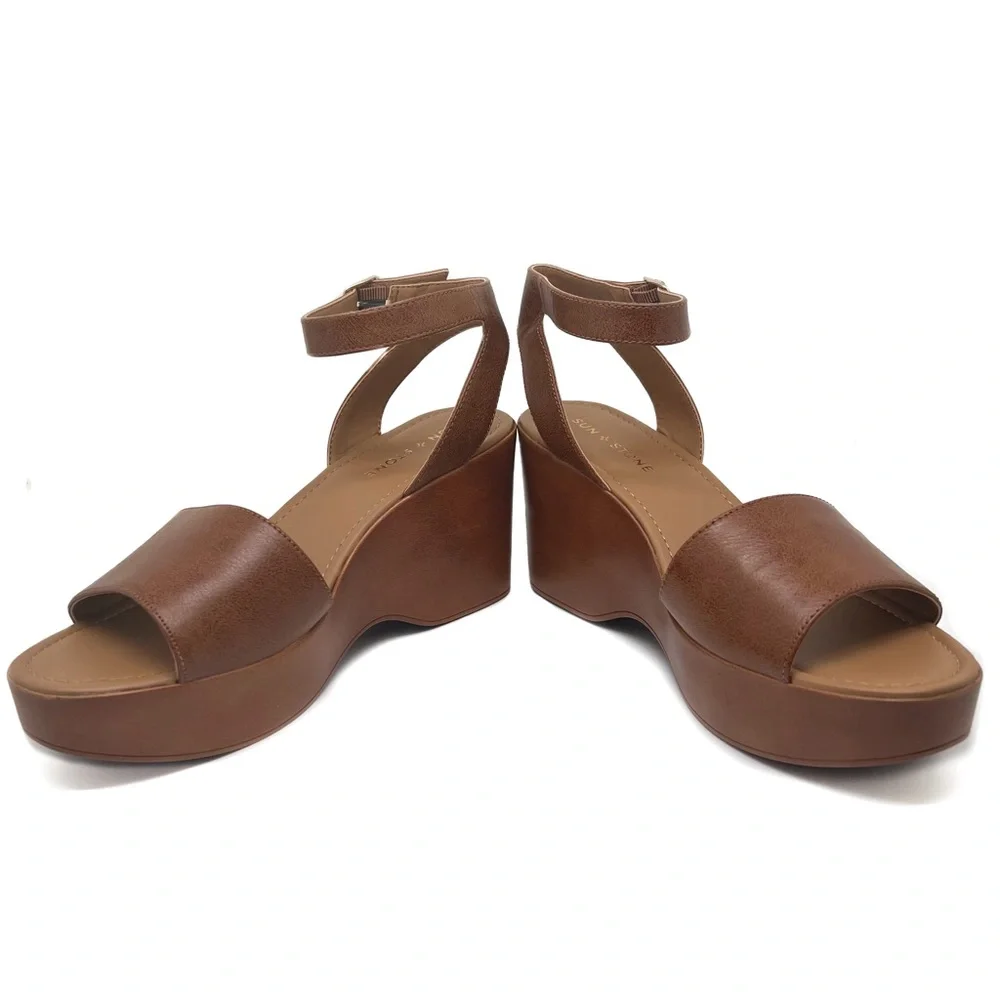 Sun + Stone Audreey Platform Wedge Ankle Strap Sandal Cognac Size 9.5